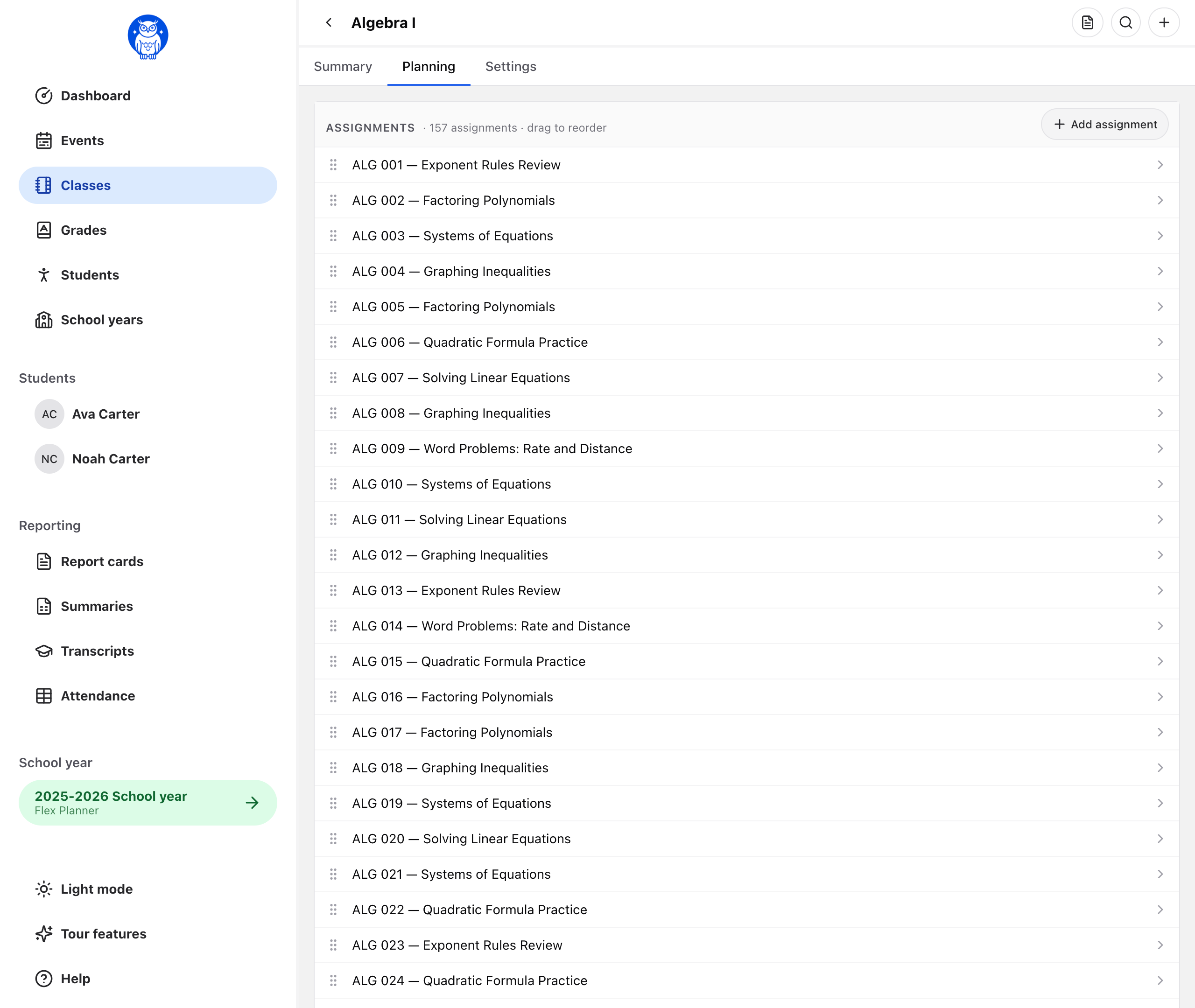A class in Flex Planner shown as one ordered list of assignments